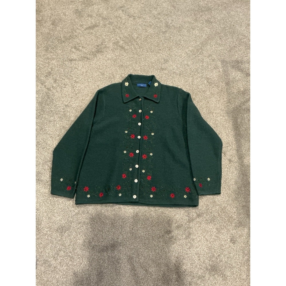 Karen Scott sport embroidered beaded  wool cardigan green button-up
